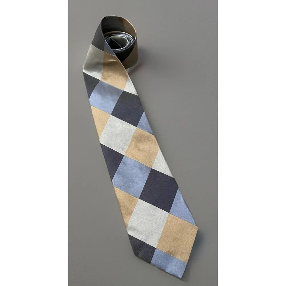 Banana Republic Neckwear Tie Blue Gold Check Plaid Pattern Italy 100% Silk JBHS